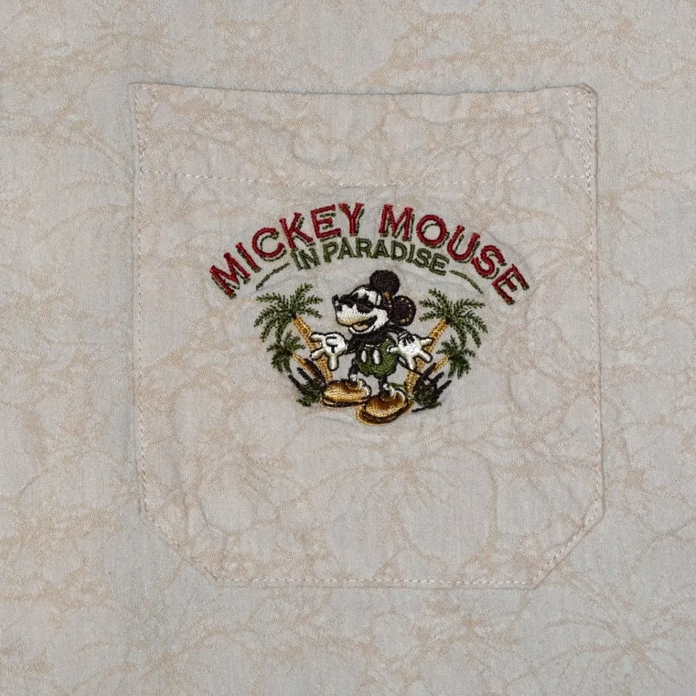 Disney Parks Mickey Mouse In Paradise Mens XL Tan Floral Jacquard Camp Shirt Exc